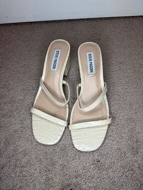 Steve Madden Cream Croc-Embossed Strappy Block Heel Sandals